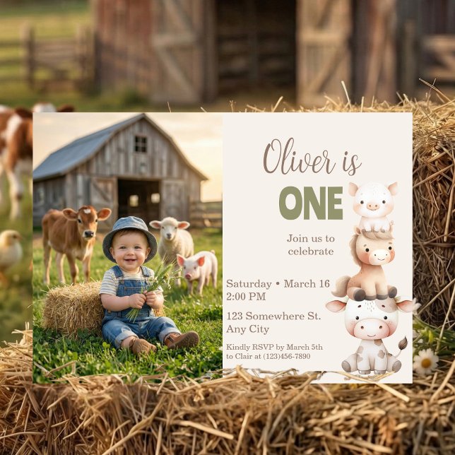 Invitación Farm Animals 1st Birthday Barnyard Baby Boy Photo (Farm Animals 1st Birthday Barnyard Baby Boy Photo Invitation)