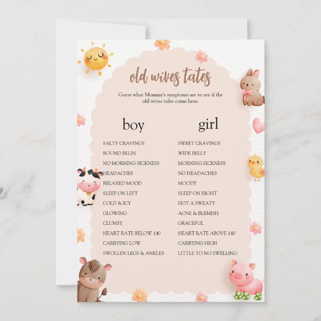 Invitación Farm Animals Baby Shower Old Wives Tale Game Card (Anverso)