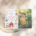 Invitación Farm Animals Barnyard Birthday Party Photo<br><div class="desc">¡Celebra el gran día de tu pequeño granjero con esta invitación de cumpleaños! La parte izquierda de esta invitación a la fiesta de cumpleaños cuenta con un marco lleno de encantadores ilustraciones de animales de granja. Hay dos cerditos, una familia de patos, vacas, conejos conejitos, un caballo y un burro,...</div>