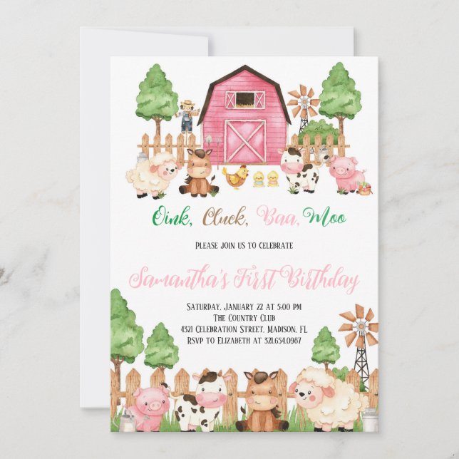 Invitación Farm Animals Barnyard Chica Rosa Fiesta de Cumplea (Anverso)