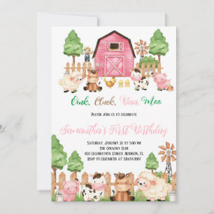 Invitación Farm Animals Barnyard Chica Rosa Fiesta de Cumplea