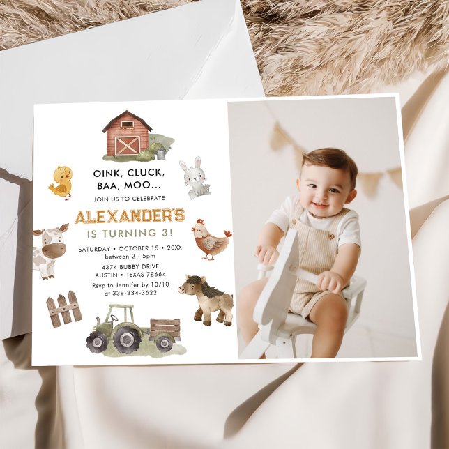Invitación Farm Animals Barnyard Foto de tercer cumpleaños (Subido por el creador)