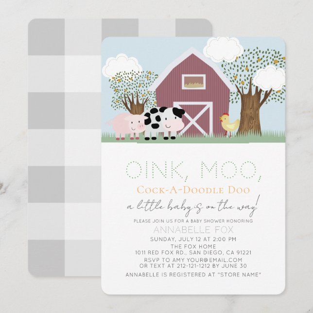 Invitación Farm Animals Barnyard Red Barn Baby Shower (Anverso / Reverso)