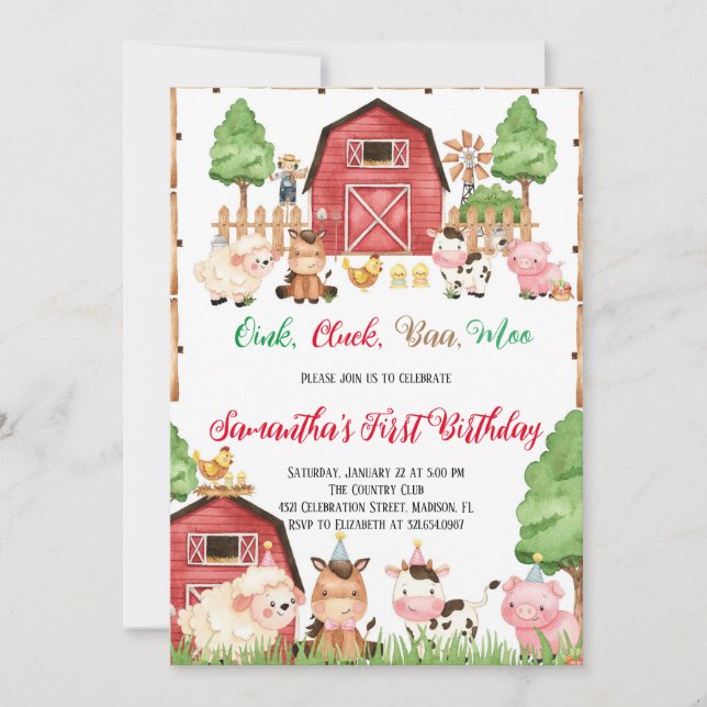 Invitación Farm Animals Barnyard Red Boy Birthday Party (Anverso)
