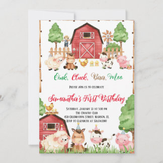 Invitación Farm Animals Barnyard Red Boy Birthday Party