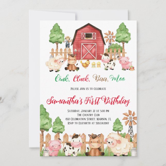 Invitación Farm Animals Barnyard Red Boy Birthday Party (Anverso)