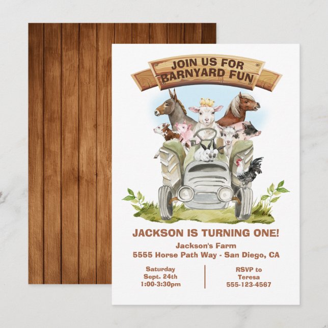 Invitación Farm Animals Barnyard Tractor Cumpleaños (Anverso / Reverso)