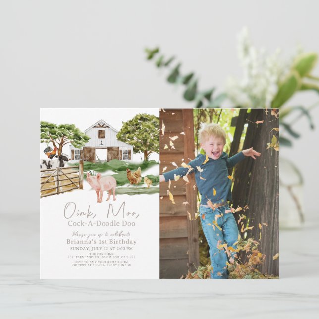 Invitación Farm Animals Barnyard Watercolor Foto Cumpleaños (Anverso de pie)