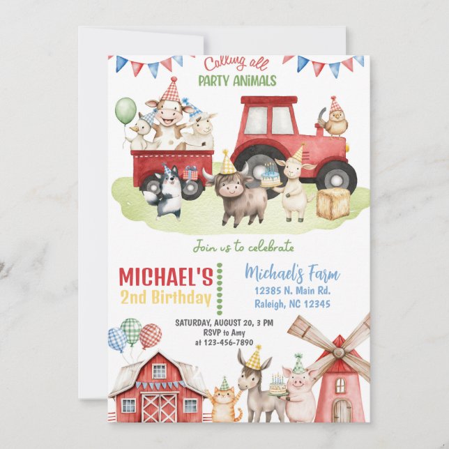 Invitación Farm animals boy ANY AGE birthday invitation. (Anverso)