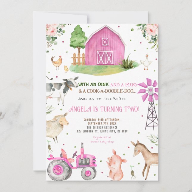 Invitación Farm Animals Chica Fiesta de cumpleaños (Anverso)