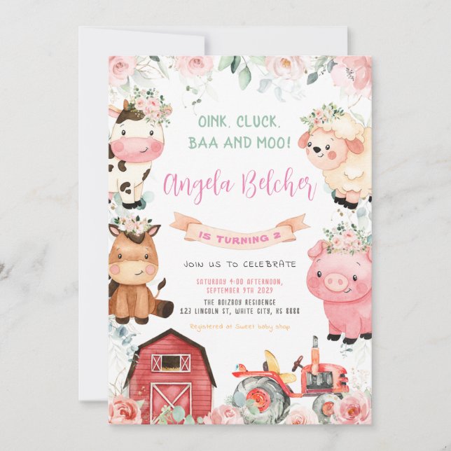 Invitación Farm Animals Chica Fiesta de cumpleaños (Anverso)