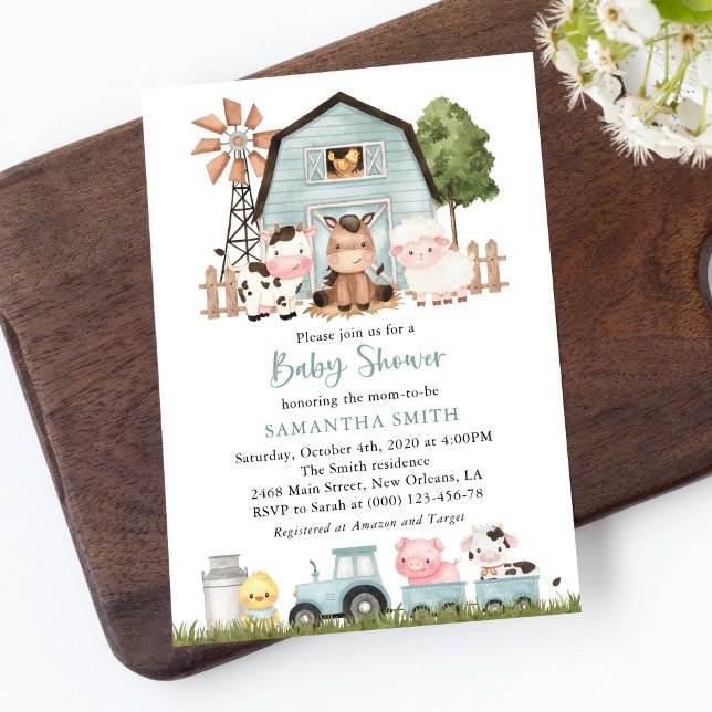 Invitación Farm Animals, Cute Animals, Blue Barn, Baby Shower (Subido por el creador)