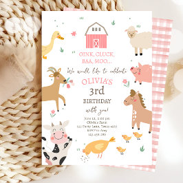 Invitación Farm Animals Girl Pink Gingham Barnyard Birthday