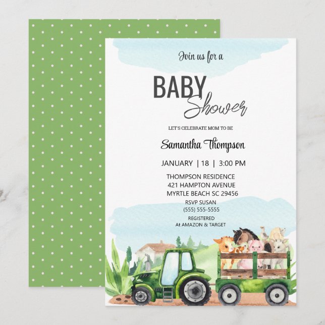 Invitación Farm Animals Green Tractor Baby Shower (Anverso / Reverso)