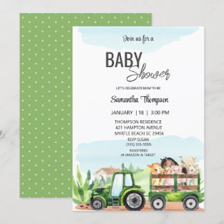 Invitación Farm Animals Green Tractor Baby Shower