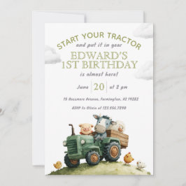 Invitación Farm Animals Green Tractor Birthday