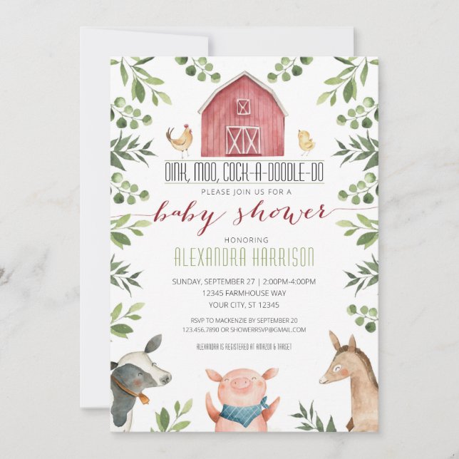 Invitación Farm Animals Greenery Baby Shower Invitation (Anverso)