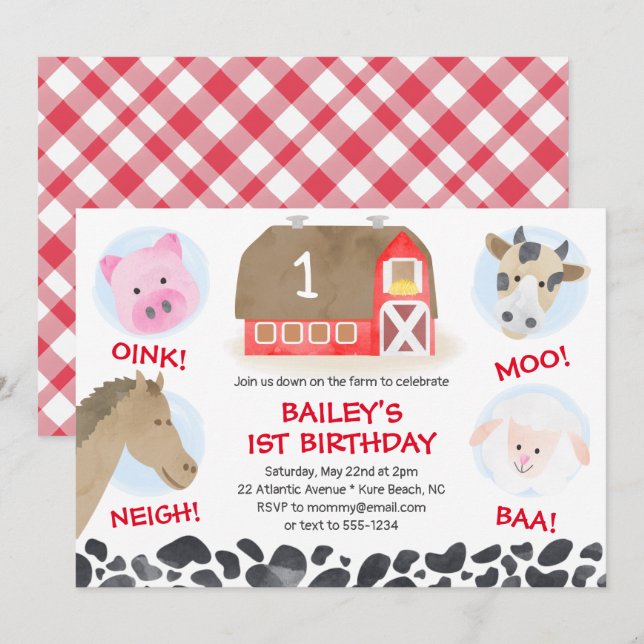 Invitación Farm Barnyard Animals Red Gingham Boy Birthday (Anverso / Reverso)