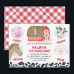Invitación Farm Barnyard Animals Red Gingham Boy Birthday<br><div class="desc">This watercolor design features cute farm animals on a red gingham/checkered and cow print background. The collection of coordinating products is available in our shop, zazzle.com/store/doodlelulu. Contact us if you need this design applied to a specific product to create your own unique matching item! Thank you so much for viewing...</div>