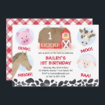 Invitación Farm Barnyard Animals Red Gingham Boy Birthday<br><div class="desc">This watercolor design features cute farm animals on a red gingham/checkered and cow print background. The collection of coordinating products is available in our shop, zazzle.com/store/doodlelulu. Contact us if you need this design applied to a specific product to create your own unique matching item! Thank you so much for viewing...</div>