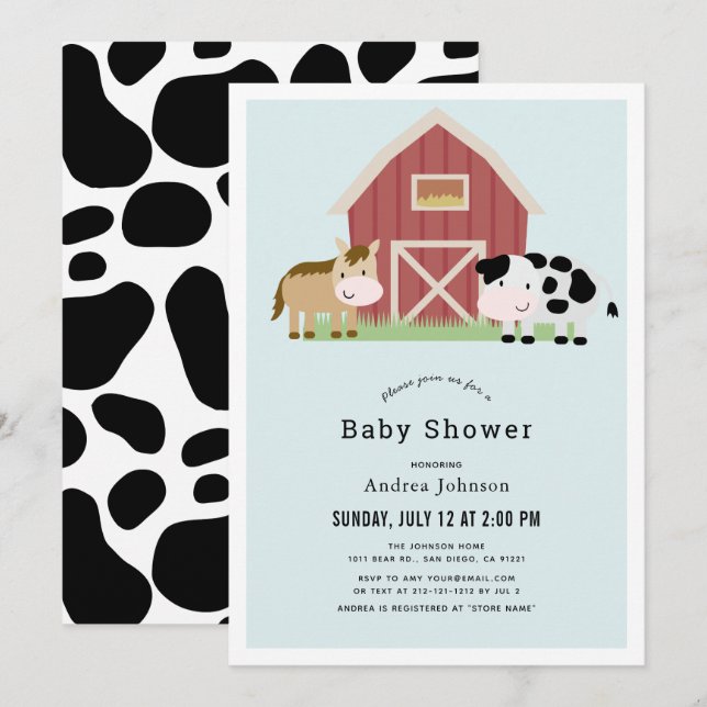 Invitación Farm Barnyard Blue Boy Baby Shower (Anverso / Reverso)