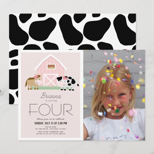 Invitación Farm Barnyard Chica rosa Foto Cumpleaños (Anverso / Reverso)