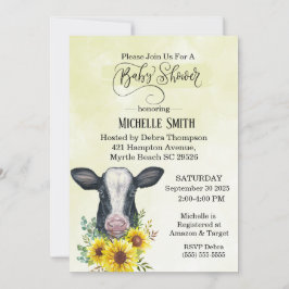 Invitación Farm Black Cow Yellow Sunflower Baby Shower