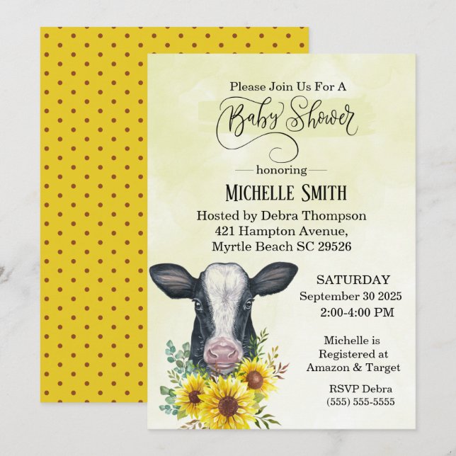 Invitación Farm Black Cow Yellow Sunflower Baby Shower (Anverso / Reverso)