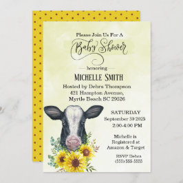 Invitación Farm Black Cow Yellow Sunflower Baby Shower