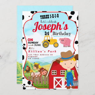 Invitación FARM BOY 3rd BIRTHDAY INVITATION THREE-I-I-I-O
