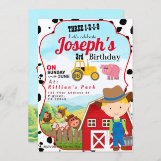 Invitación FARM BOY 3rd BIRTHDAY INVITATION THREE-I-I-I-O