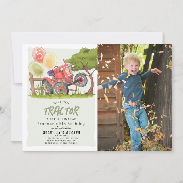 Invitación Farm Boy foto del Tractor Rojo Cumpleaños (Anverso)