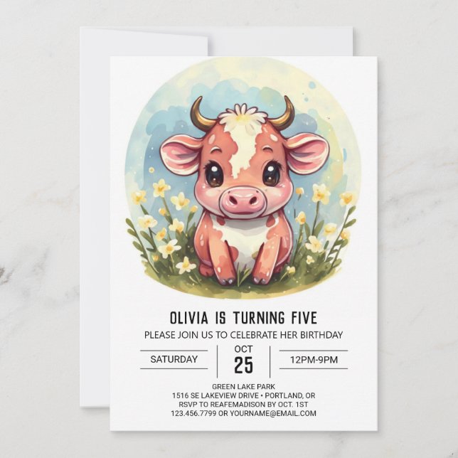Invitación Farm Cute Moderno Cow Cumpleaños (Anverso)