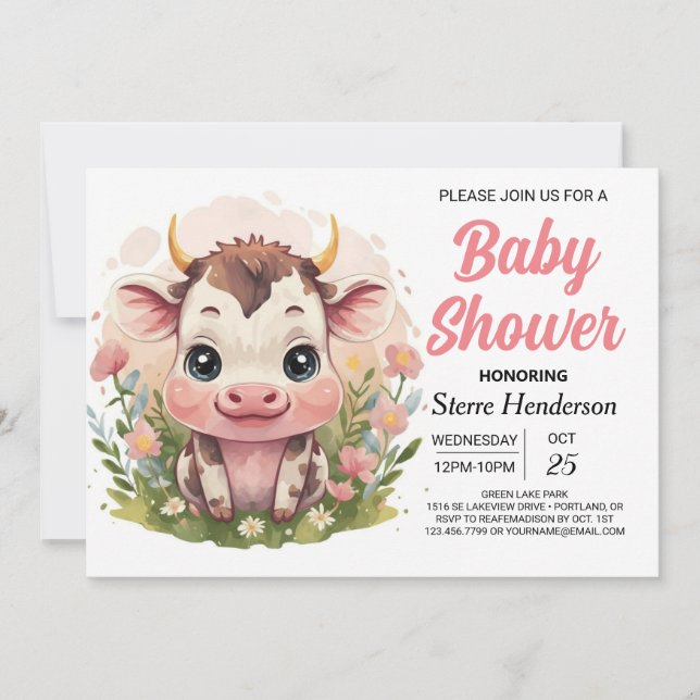 Invitación Farm Girly Online Cow Baby Shower (Anverso)