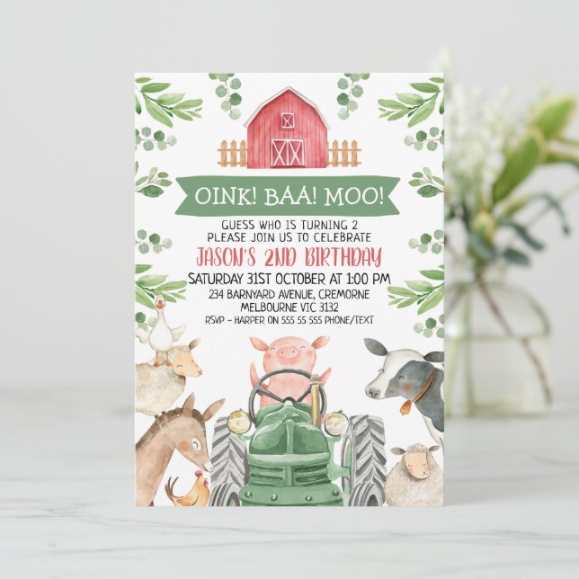 Invitación Farm Green Tractor Oink Baa Moo 2nd Birthday (Anverso de pie)
