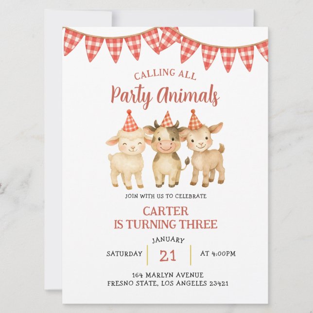 Invitación Farm Party Calling All Party Animals Birthday  (Anverso)