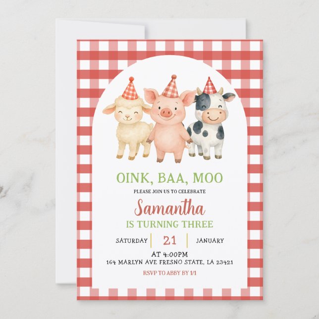 Invitación Farm Party Gingham Birthday Invitation (Anverso)