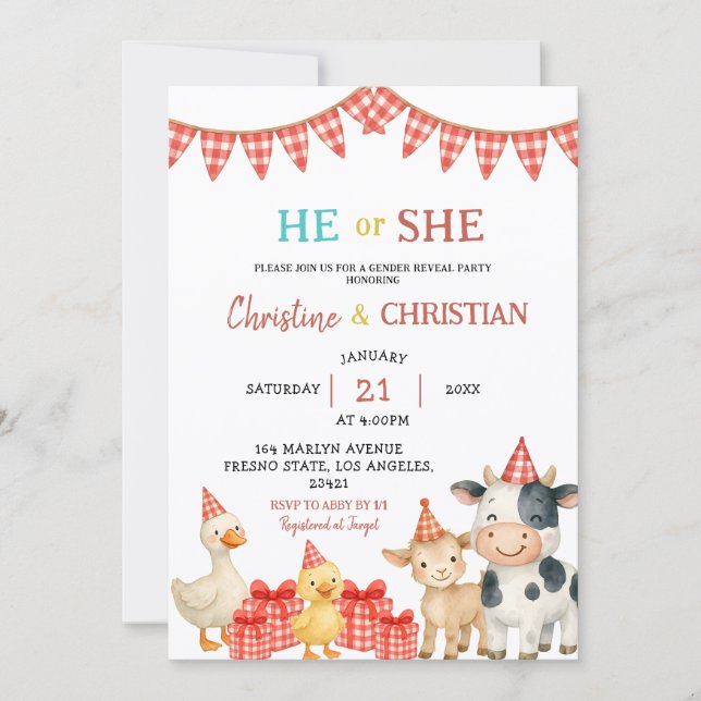Invitación Farm Party He or She Gender Reveal Invitation (Anverso)