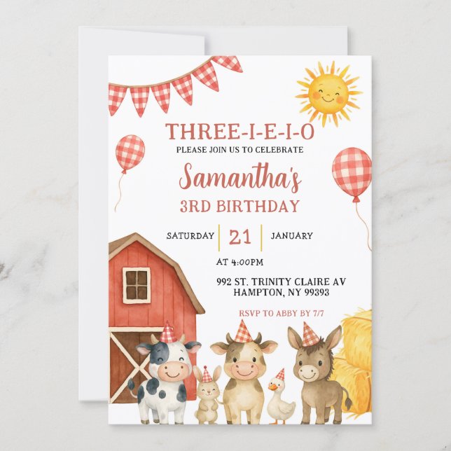 Invitación Farm Party Three-i-e-i-o Birthday Invitation (Anverso)