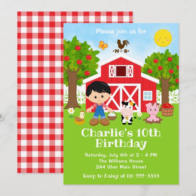 Invitación Farm Red Barnyard Birday Black Hair Boy (Anverso / Reverso)