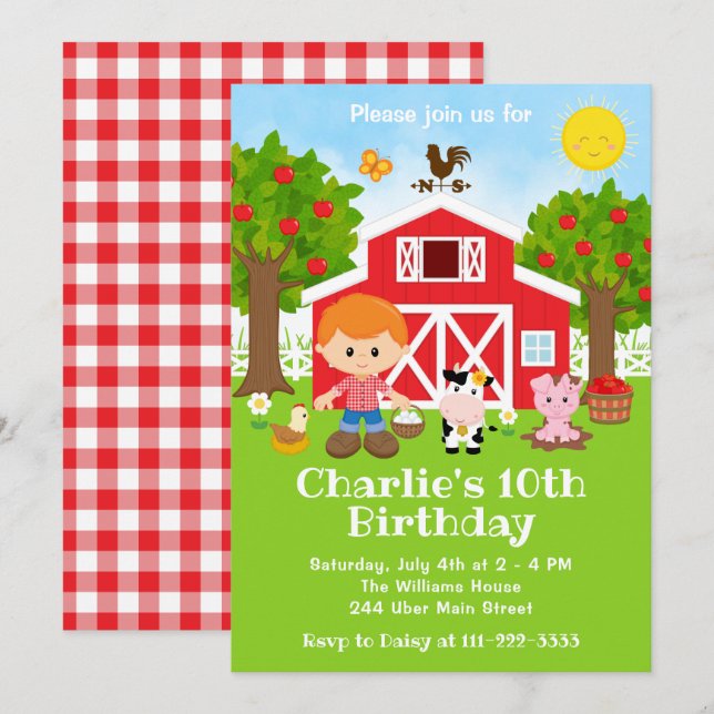 Invitación Farm Red Barnyard Birday Red Hair Boy (Anverso / Reverso)