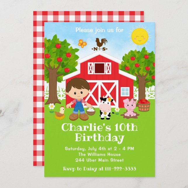 Invitación Farm Red Barnyard Birthday Brown Hair Boy (Anverso / Reverso)