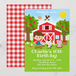 Invitación Farm Red Barnyard Birthday Brown Hair Boy