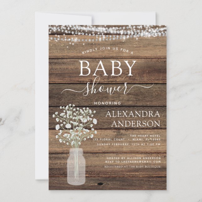 Invitación Farmacia de Budget Rustic Baby Shower Jar Lights (Anverso)