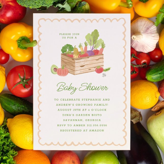 Invitación Farmer's Market Locally Grown Veggies Baby Shower (cute watercolour farmer's market baby shower invitation with crate of vegetables)