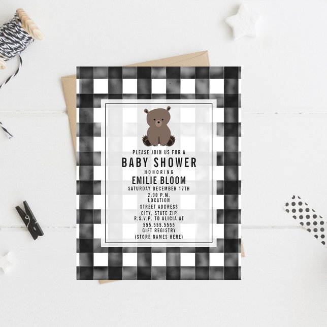 Invitación Farmhouse Gingham Bear Baby Shower (Subido por el creador)