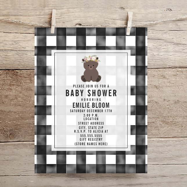 Invitación Farmhouse Gingham Boho Bear Baby Shower (Subido por el creador)
