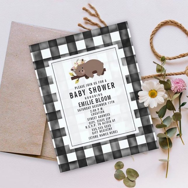 Invitación Farmhouse Gingham Boho Sleepy Bear Baby Shower (Subido por el creador)