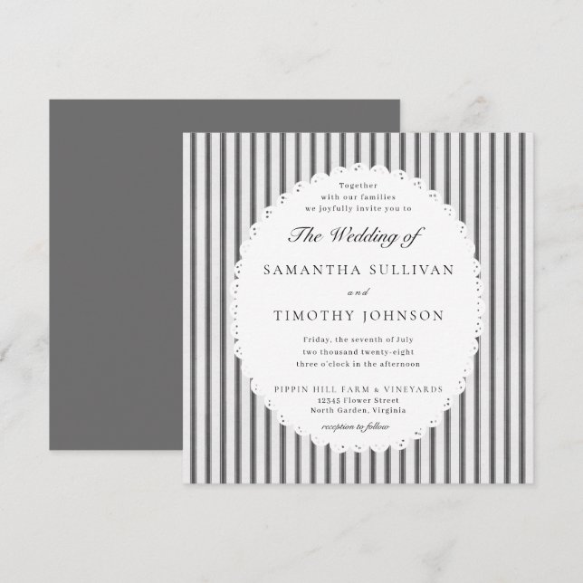 Invitación Farmhouse Ticking Stripe Scalloped Lace Wedding (Anverso / Reverso)