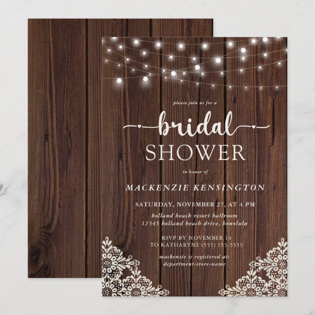 Invitación Farmhouse Wood String Lights Lace Bridal Shower (Anverso / Reverso)